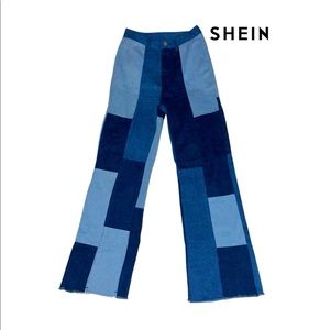 SHEIN • High Waist Spliced Raw Hem Wide Leg Jeans